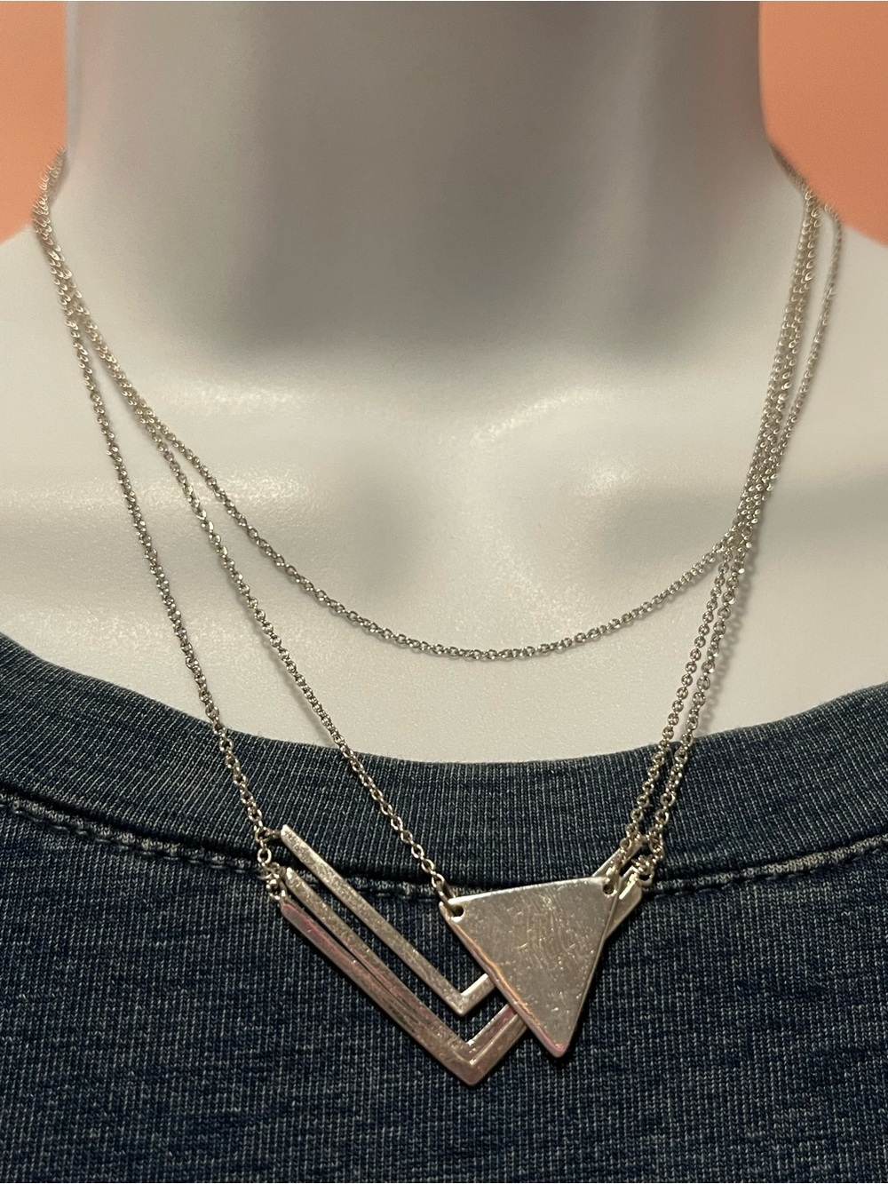 Layered Silver Triangle V Pendant Necklace Stack